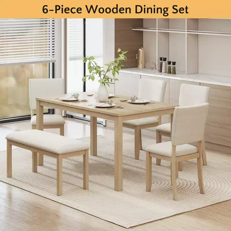 Ensemble de salle à manger Zevemomo 6 pièces en bois massif pour 6 personnes, comprenant 1 table à manger, 4 chaises rembourrées et 1 banc pour salle à manger, cuisine, beige