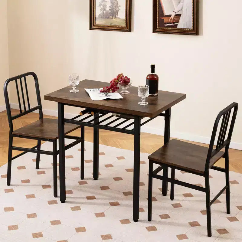 Costway 3-Piece Rectangular Dining Table&Chairs Set Wooden Breakfast Nook w/Storage Rack Rustic Brown & Black