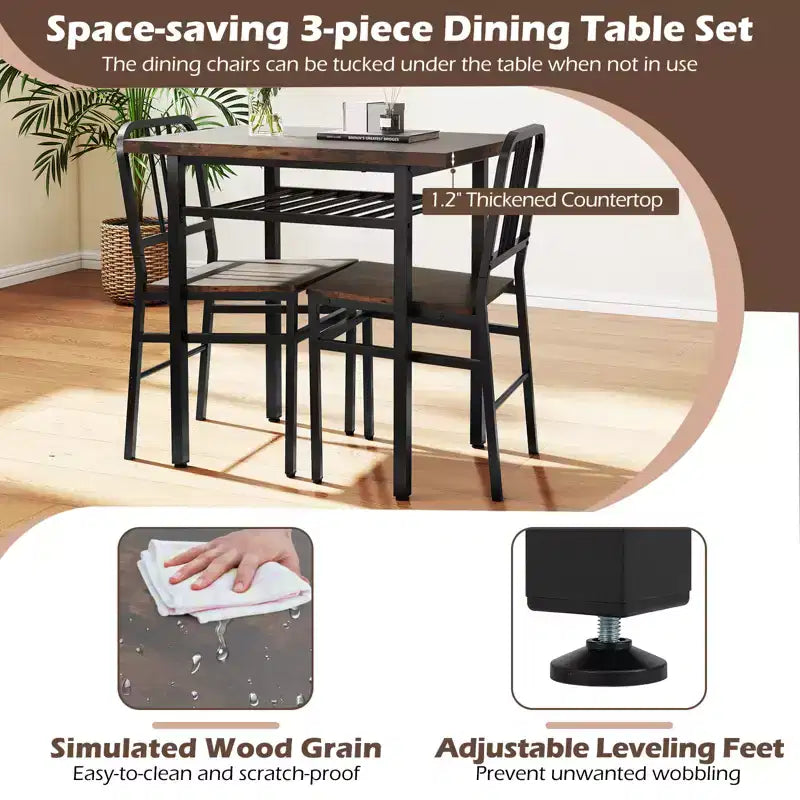 Costway Ensemble Table et 2 Chaises de Salle à Manger Cuisine en Bois avec Rangement Marron Rustique & Noir