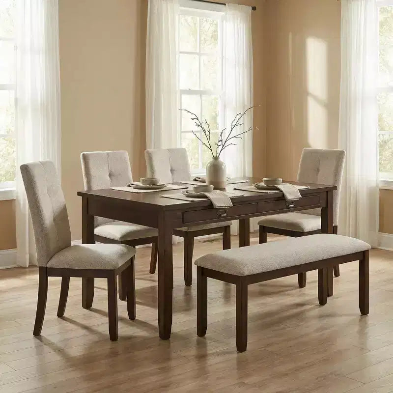 GDFStudio Bennett Transitional 6-Piece Wood Dining Set with Bench and 4 Upholstered Chairs