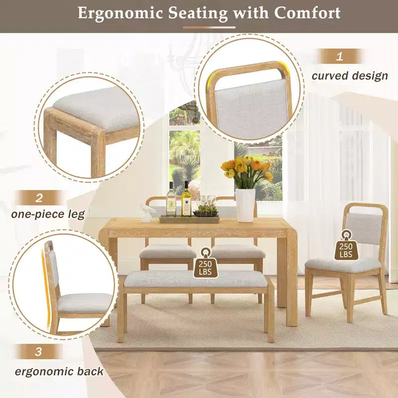 Ensemble de salle à manger vintage extensible pour 6 personnes avec 4 chaises rembourrées et un banc, table de cuisine rustique brossée à la main avec design incurvé