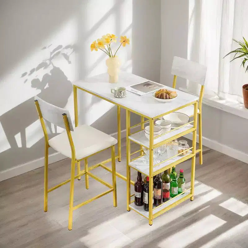Ensemble table de bar avec 2 tabourets, étagères de rangement à 3 niveaux, ensemble de salle à manger compact pour petits espaces, cuisine et appartement