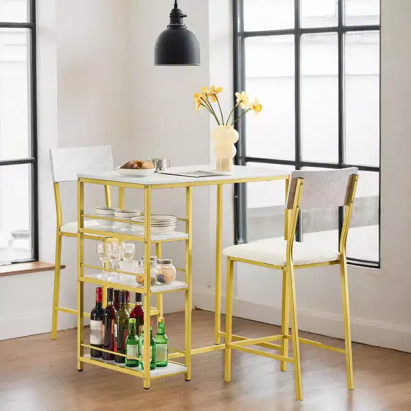Ensemble table de bar avec 2 tabourets, étagères de rangement à 3 niveaux, ensemble de salle à manger compact pour petits espaces, cuisine et appartement