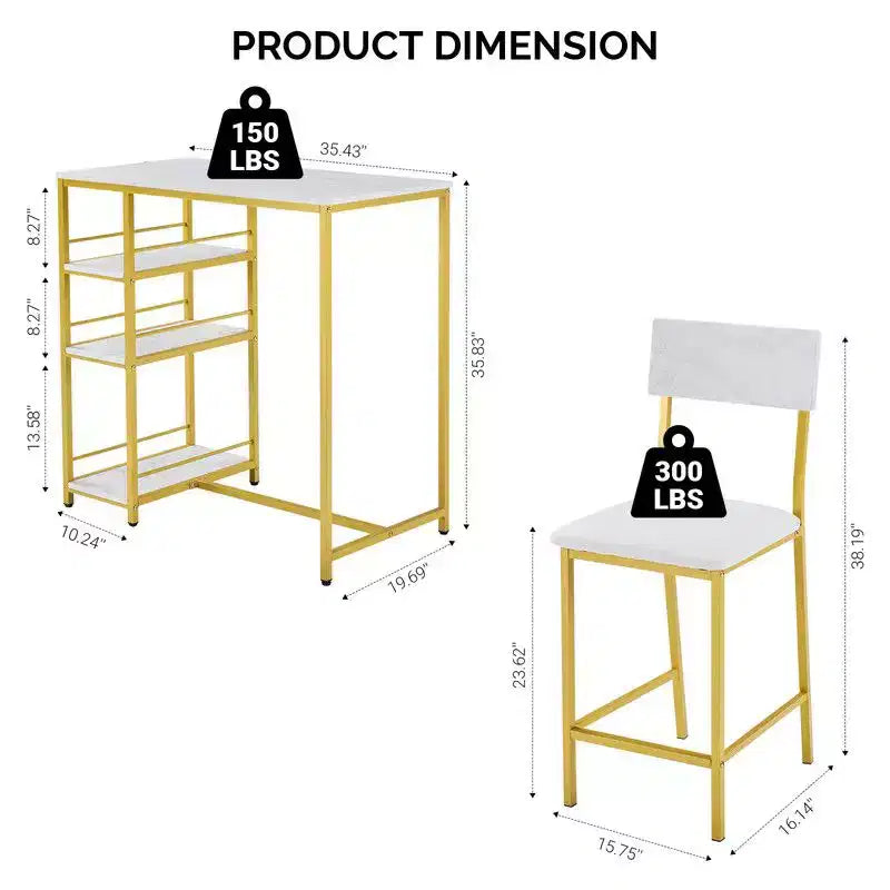 Ensemble table de bar avec 2 tabourets, étagères de rangement à 3 niveaux, ensemble de salle à manger compact pour petits espaces, cuisine et appartement