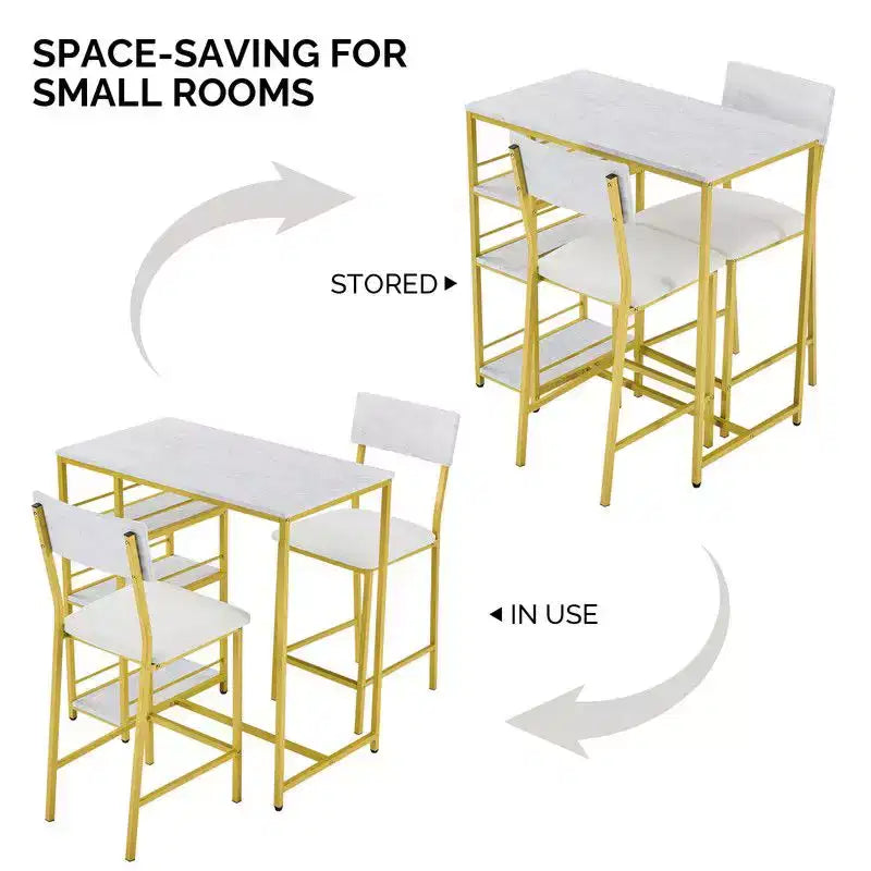 Ensemble table de bar avec 2 tabourets, étagères de rangement à 3 niveaux, ensemble de salle à manger compact pour petits espaces, cuisine et appartement
