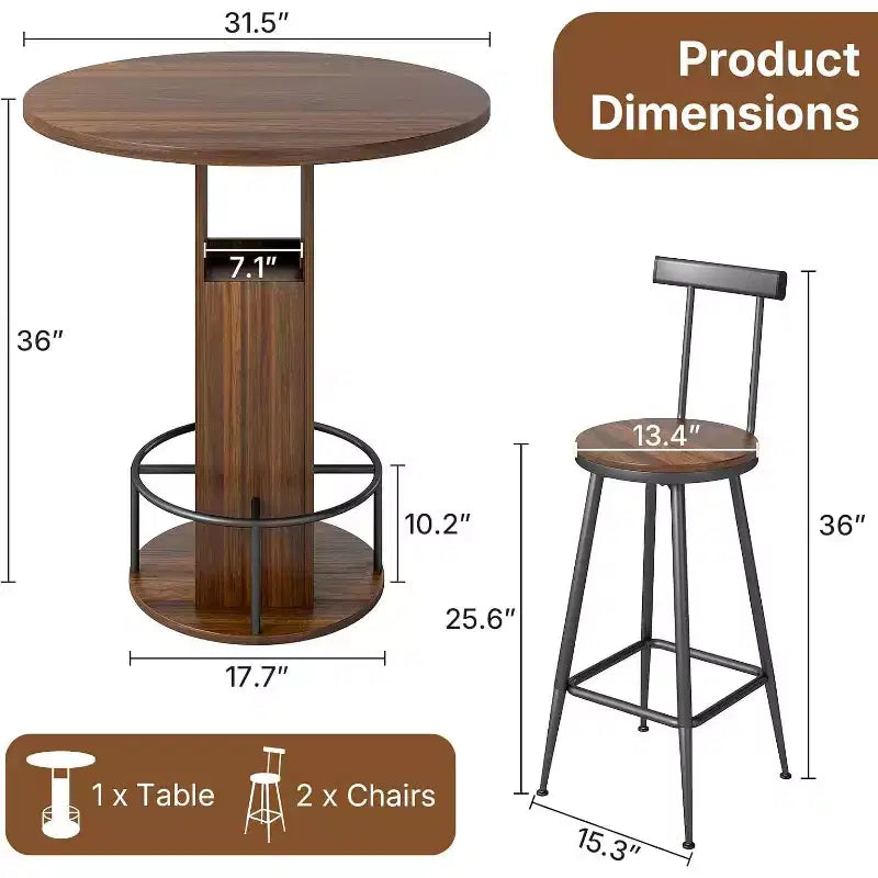 Zevemomo Ensemble table et 2 chaises de bar rondes de 80 cm, petit salon de jardin avec 2 tabourets, gain de place, noyer