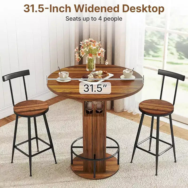 Zevemomo Ensemble table et 2 chaises de bar rondes de 80 cm, petit salon de jardin avec 2 tabourets, gain de place, noyer