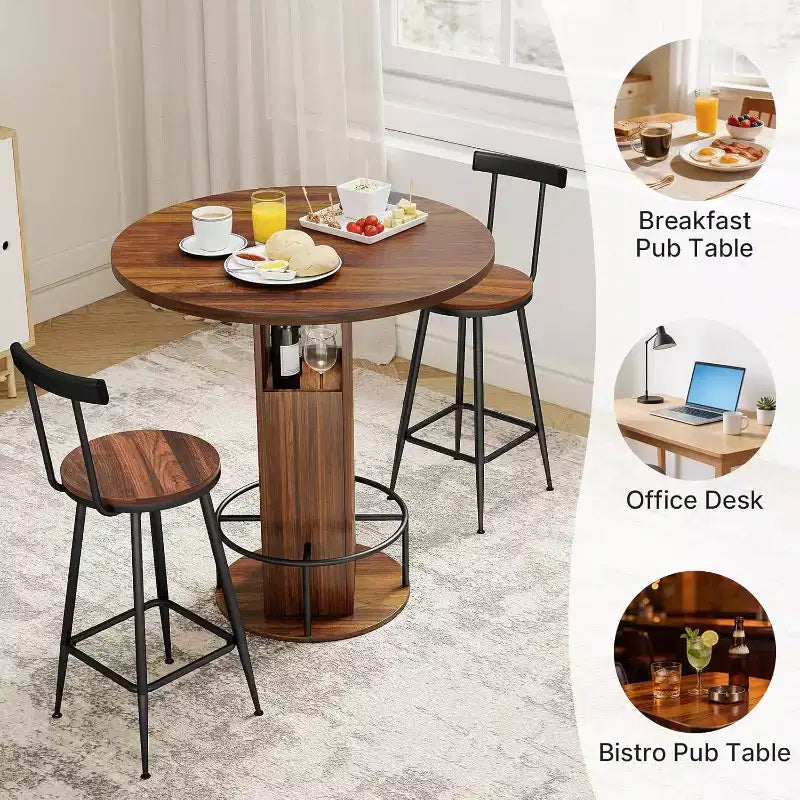 Zevemomo Ensemble table et 2 chaises de bar rondes de 80 cm, petit salon de jardin avec 2 tabourets, gain de place, noyer