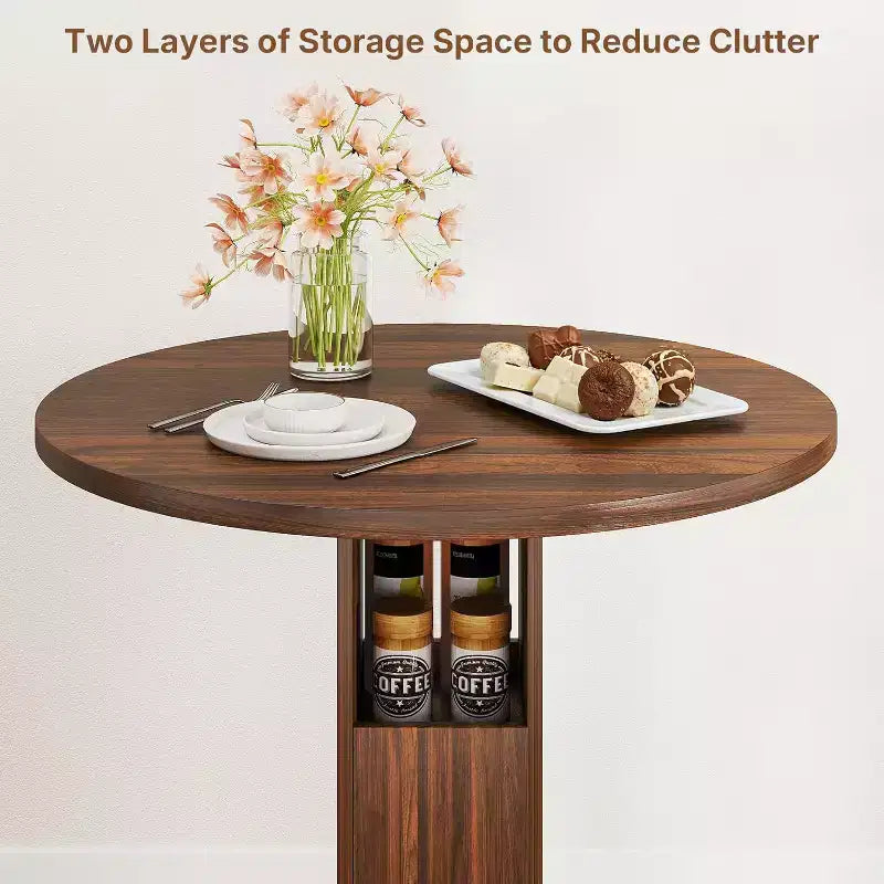 Zevemomo Ensemble table et 2 chaises de bar rondes de 80 cm, petit salon de jardin avec 2 tabourets, gain de place, noyer