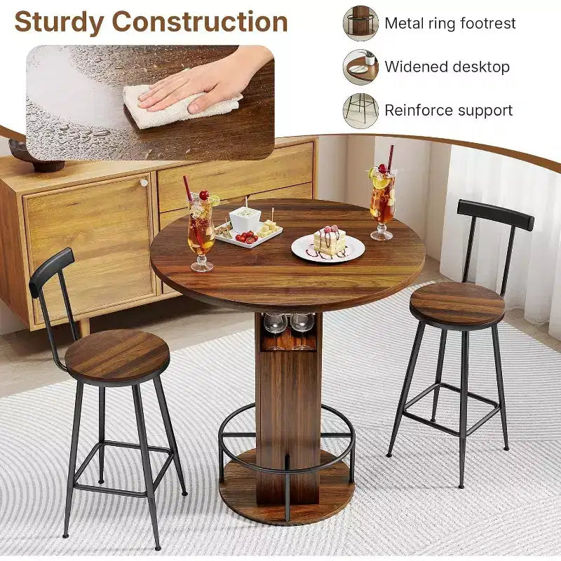 Zevemomo Ensemble table et 2 chaises de bar rondes de 80 cm, petit salon de jardin avec 2 tabourets, gain de place, noyer