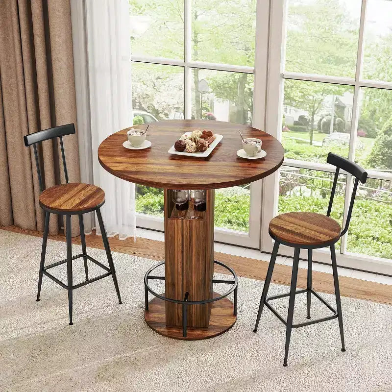 Zevemomo Ensemble table et 2 chaises de bar rondes de 80 cm, petit salon de jardin avec 2 tabourets, gain de place, noyer