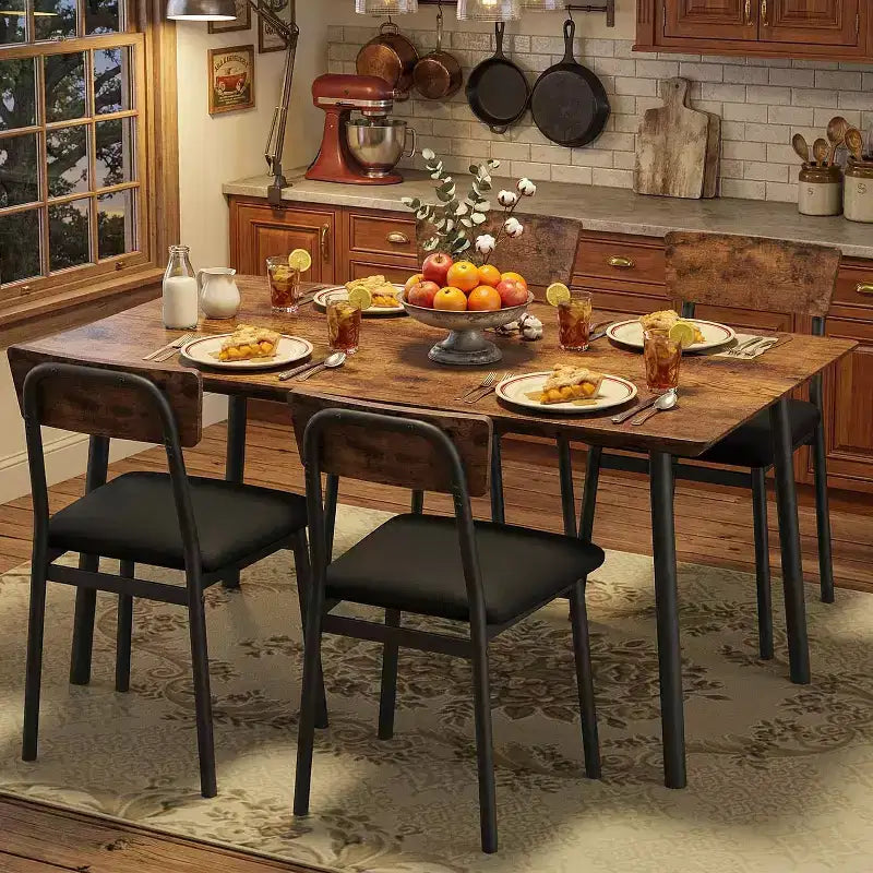 Ensemble de salle à manger 5 pièces en bois pour 4 personnes, plateau biseauté et chaises rembourrées, meubles de cuisine compacts pour la maison et l'appartement.