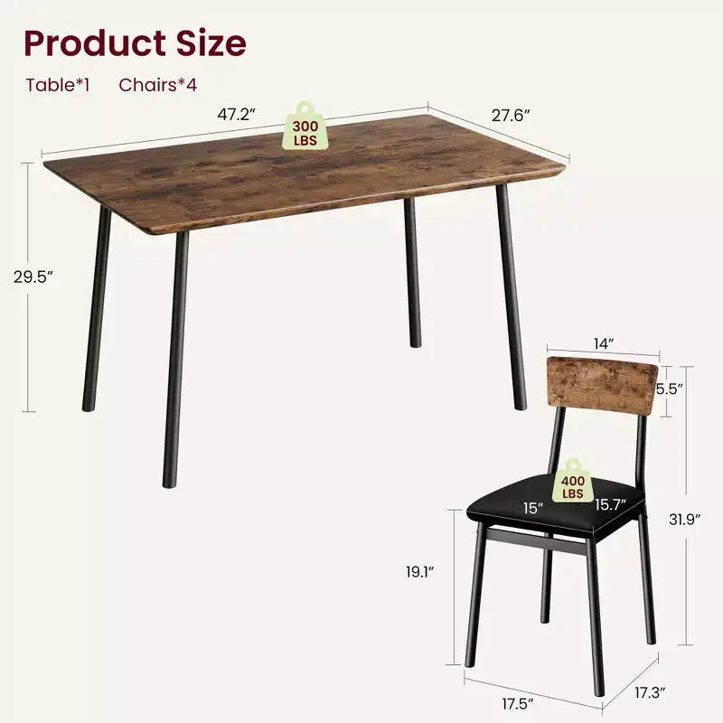 Ensemble de salle à manger 5 pièces en bois pour 4 personnes, plateau biseauté et chaises rembourrées, meubles de cuisine compacts pour la maison et l'appartement.