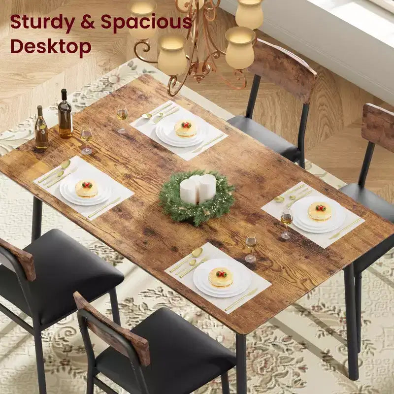 Ensemble de salle à manger 5 pièces en bois pour 4 personnes, plateau biseauté et chaises rembourrées, meubles de cuisine compacts pour la maison et l'appartement.