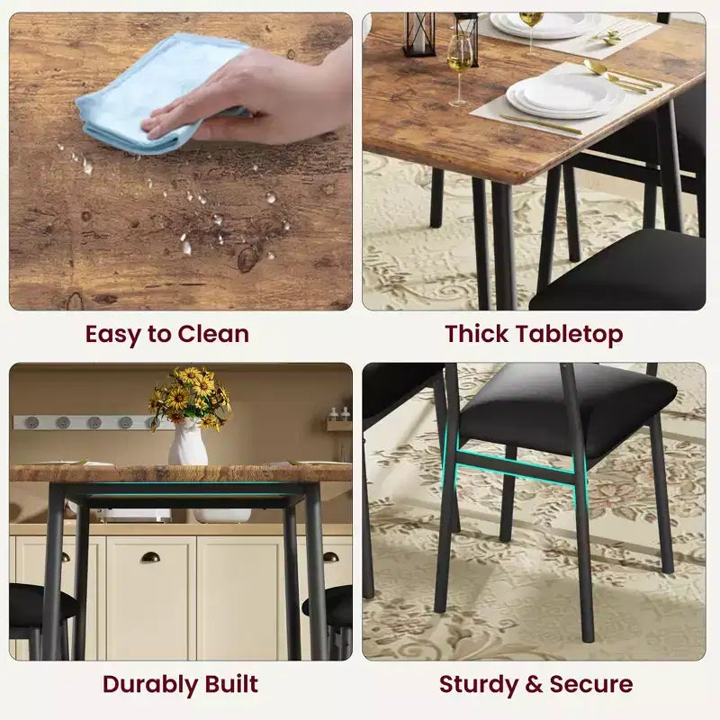 Ensemble de salle à manger 5 pièces en bois pour 4 personnes, plateau biseauté et chaises rembourrées, meubles de cuisine compacts pour la maison et l'appartement.