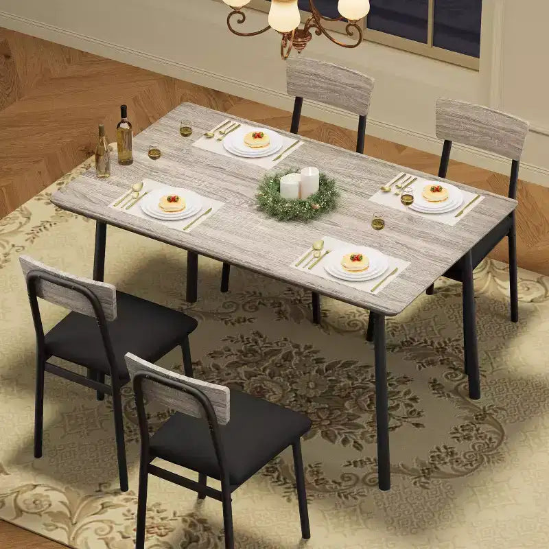Ensemble de salle à manger 5 pièces en bois pour 4 personnes, plateau biseauté et chaises rembourrées, meubles de cuisine compacts pour la maison et l'appartement.