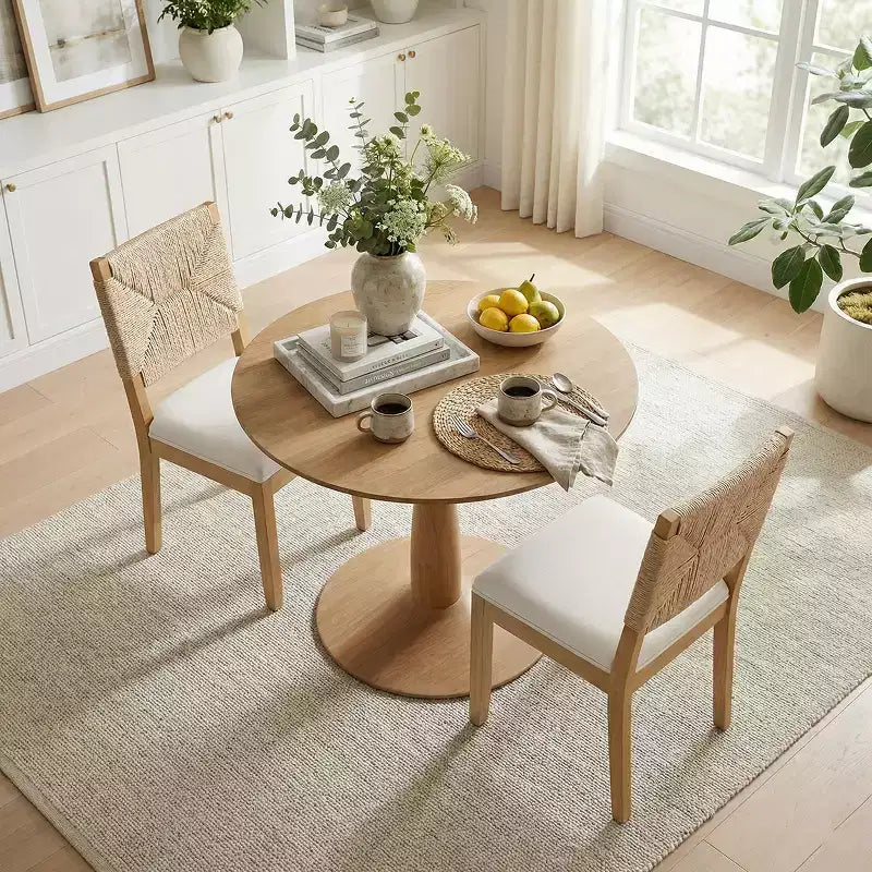 Ensemble de salle à manger moderne 3 pièces, table ronde à piédestal et 2 chaises en bois avec dossier tressé, ensemble de cuisine pour petite salle à manger - Panipeachy