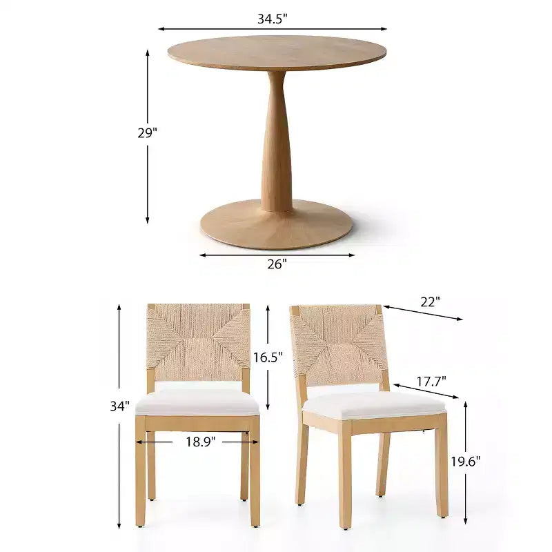Ensemble de salle à manger moderne 3 pièces, table ronde à piédestal et 2 chaises en bois avec dossier tressé, ensemble de cuisine pour petite salle à manger - Panipeachy