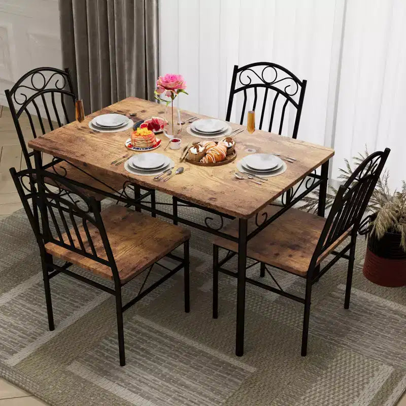Ensemble table de salle à manger pour 4, table et chaises de cuisine rectangulaires 5 pièces en métal et bois, peu encombrant pour les petits espaces, finition bois brûlé