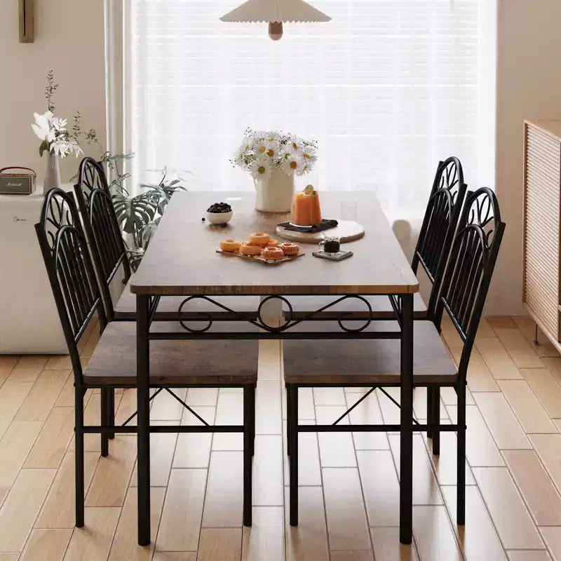 Ensemble table de salle à manger pour 4, table et chaises de cuisine rectangulaires 5 pièces en métal et bois, peu encombrant pour les petits espaces, finition bois brûlé