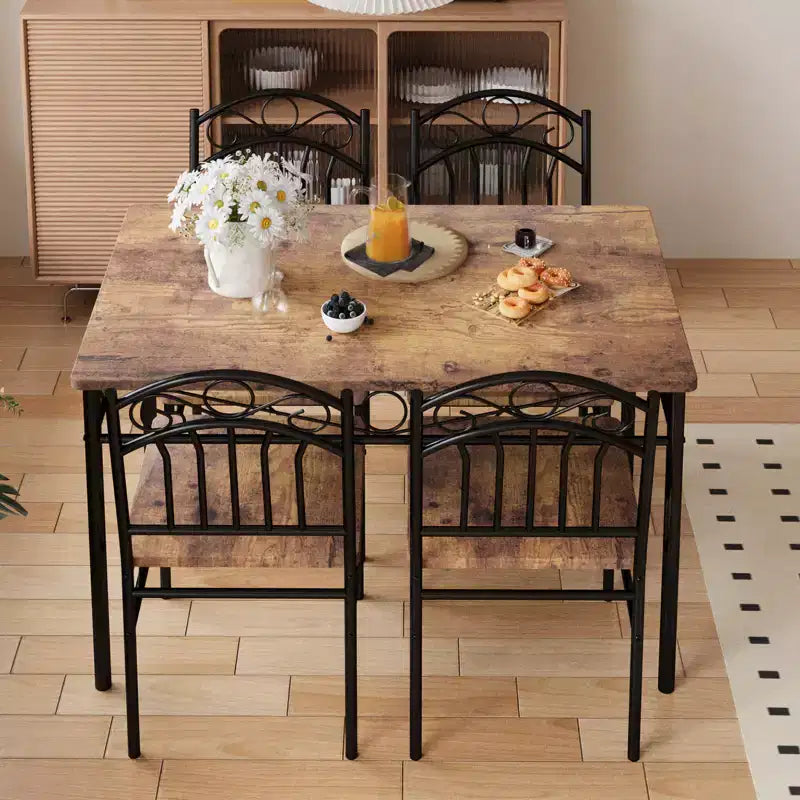Ensemble table de salle à manger pour 4, table et chaises de cuisine rectangulaires 5 pièces en métal et bois, peu encombrant pour les petits espaces, finition bois brûlé