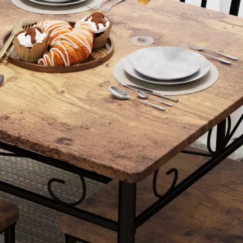 Ensemble table de salle à manger pour 4, table et chaises de cuisine rectangulaires 5 pièces en métal et bois, peu encombrant pour les petits espaces, finition bois brûlé