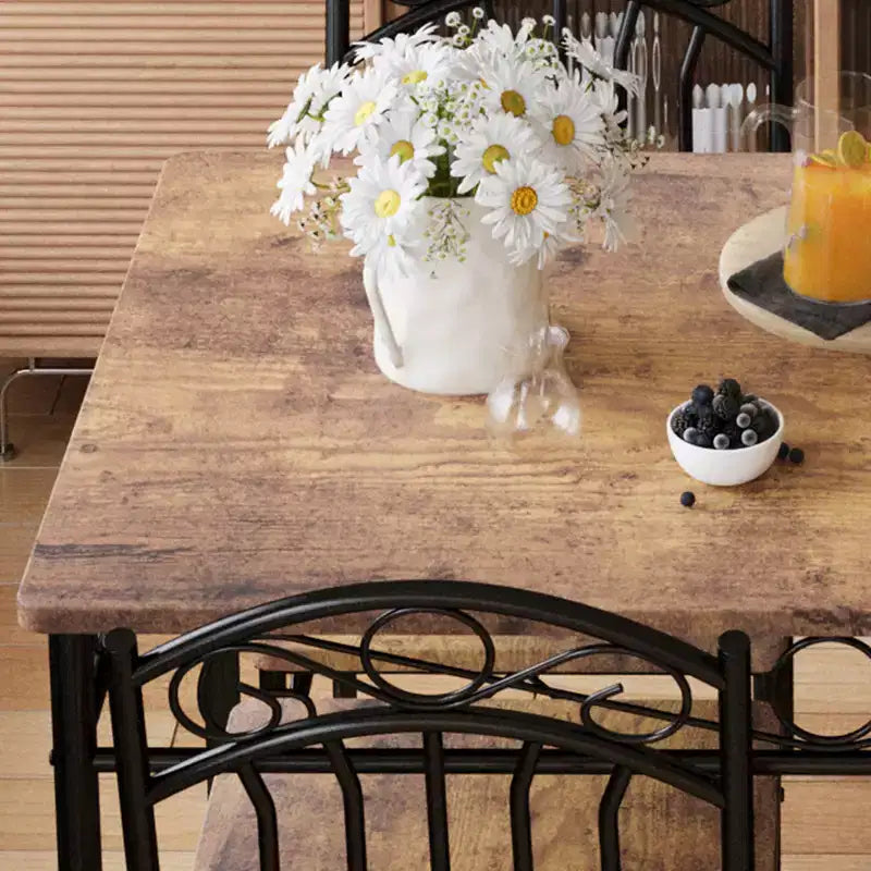 Ensemble table de salle à manger pour 4, table et chaises de cuisine rectangulaires 5 pièces en métal et bois, peu encombrant pour les petits espaces, finition bois brûlé