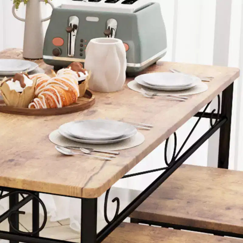 Ensemble table de salle à manger pour 4, table et chaises de cuisine rectangulaires 5 pièces en métal et bois, peu encombrant pour les petits espaces, finition bois brûlé