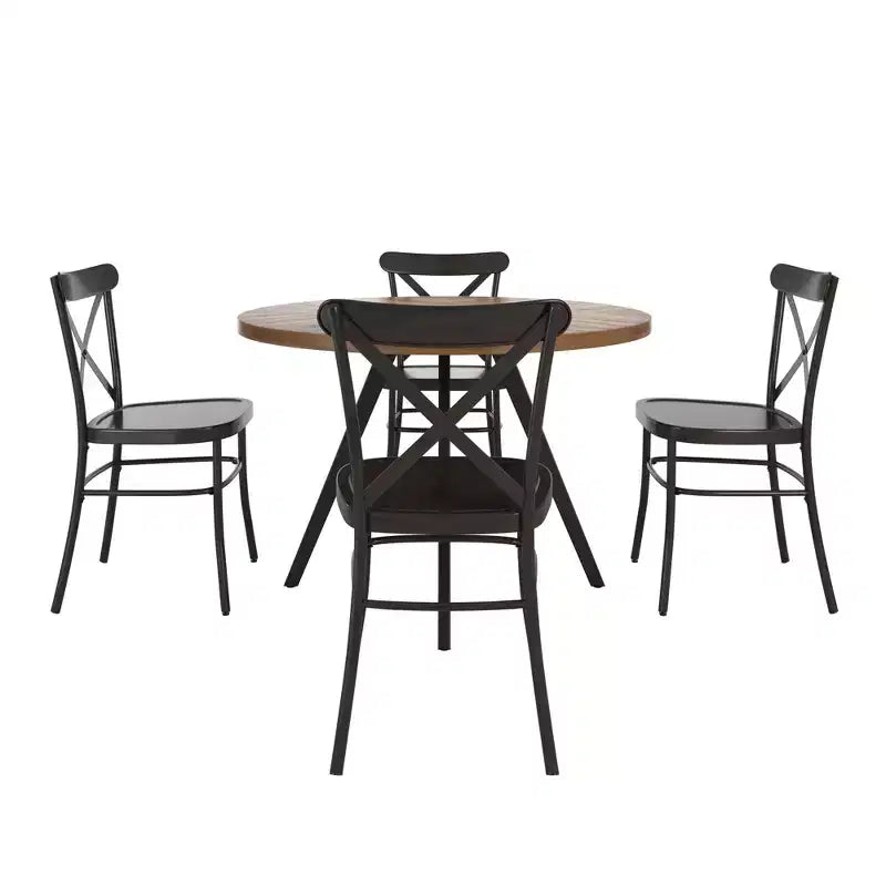 Table de salle à manger ronde Jolana avec plateau en chêne et pieds noirs et ensemble de chaises en métal à dossier en X - iNSPIRE Q