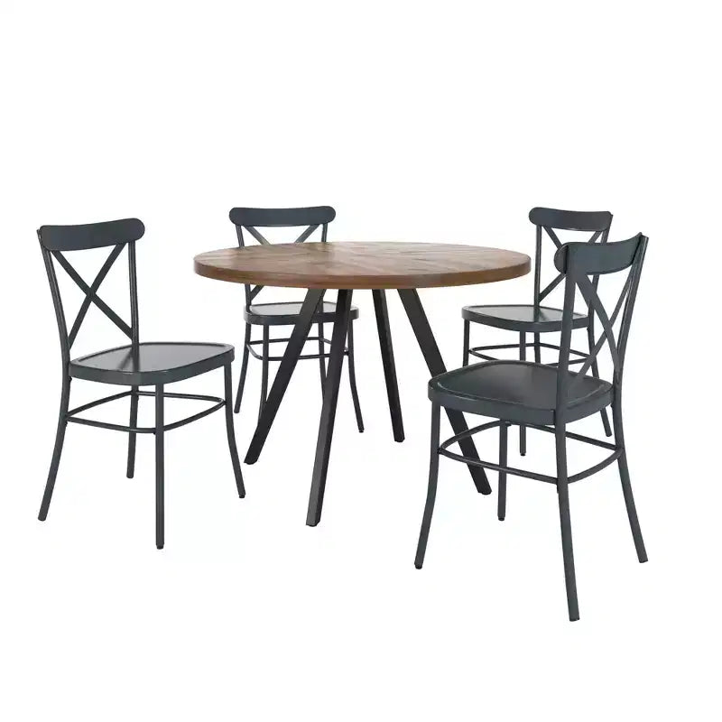 Table de salle à manger ronde Jolana avec plateau en chêne et pieds noirs et ensemble de chaises en métal à dossier en X - iNSPIRE Q