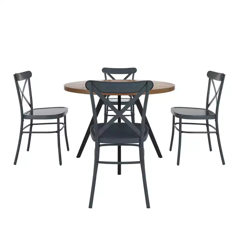 Table de salle à manger ronde Jolana avec plateau en chêne et pieds noirs et ensemble de chaises en métal à dossier en X - iNSPIRE Q