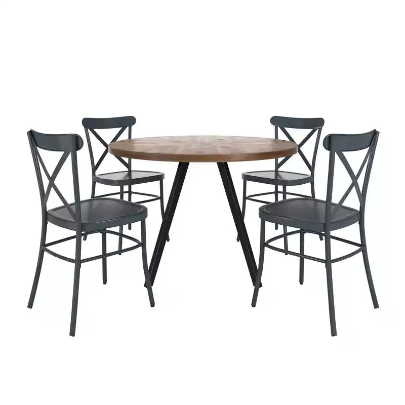 Table de salle à manger ronde Jolana avec plateau en chêne et pieds noirs et ensemble de chaises en métal à dossier en X - iNSPIRE Q