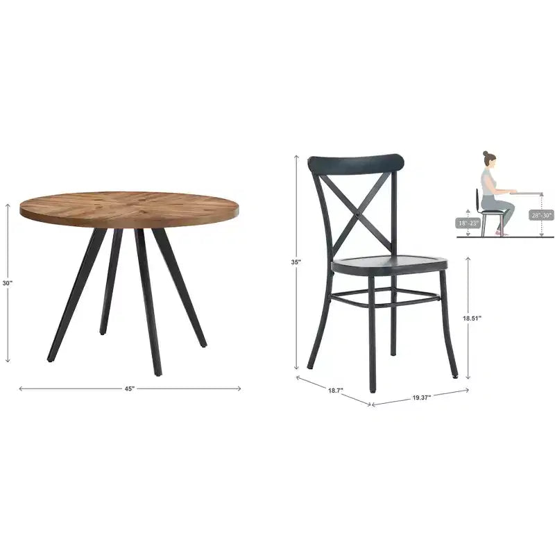 Table de salle à manger ronde Jolana avec plateau en chêne et pieds noirs et ensemble de chaises en métal à dossier en X - iNSPIRE Q