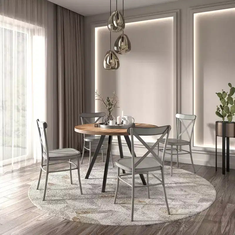 Table de salle à manger ronde Jolana avec plateau en chêne et pieds noirs et ensemble de chaises en métal à dossier en X - iNSPIRE Q