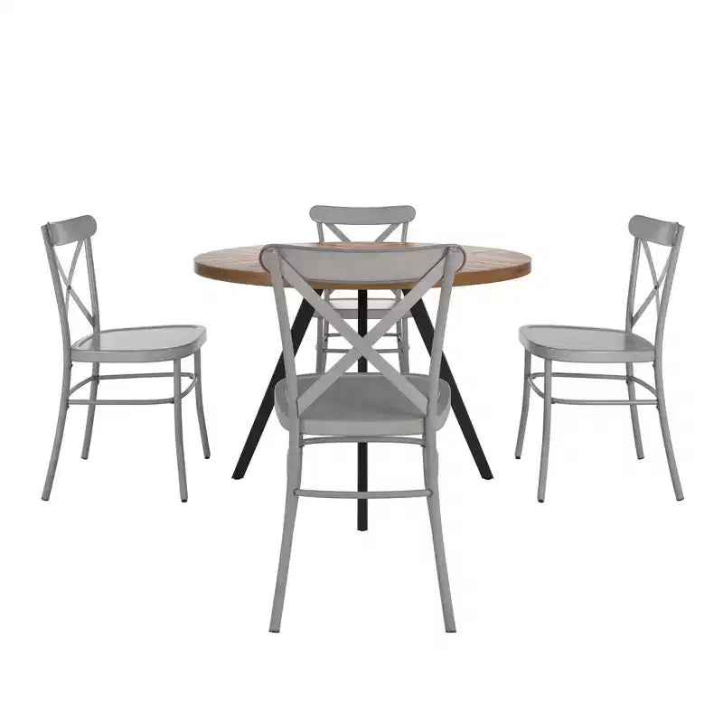Table de salle à manger ronde Jolana avec plateau en chêne et pieds noirs et ensemble de chaises en métal à dossier en X - iNSPIRE Q