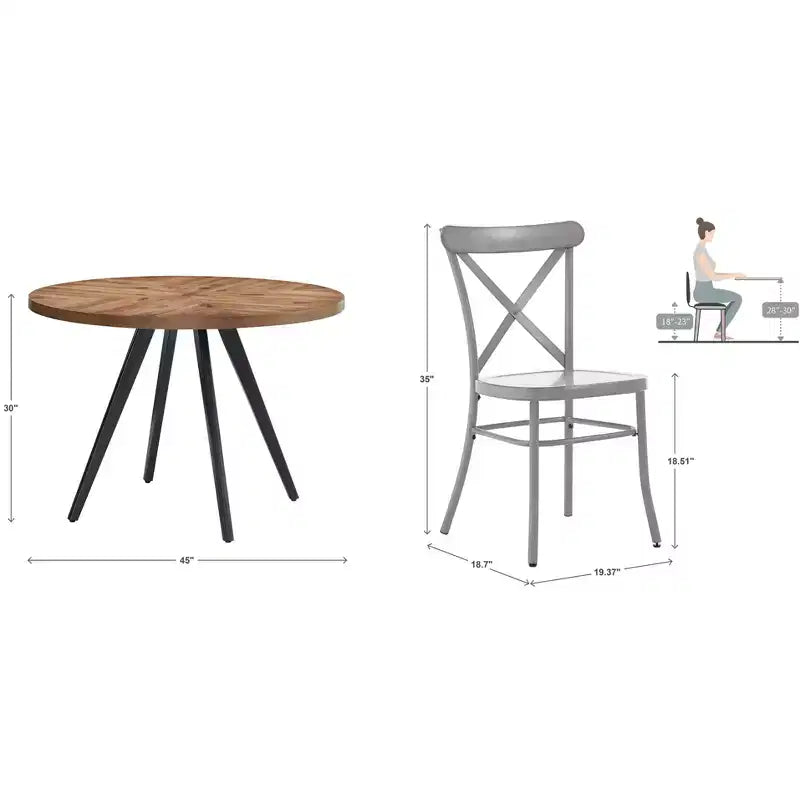 Table de salle à manger ronde Jolana avec plateau en chêne et pieds noirs et ensemble de chaises en métal à dossier en X - iNSPIRE Q