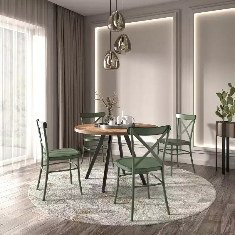 Table de salle à manger ronde Jolana avec plateau en chêne et pieds noirs et ensemble de chaises en métal à dossier en X - iNSPIRE Q