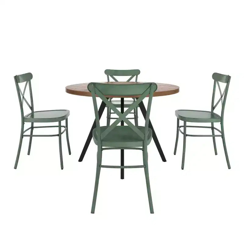 Table de salle à manger ronde Jolana avec plateau en chêne et pieds noirs et ensemble de chaises en métal à dossier en X - iNSPIRE Q