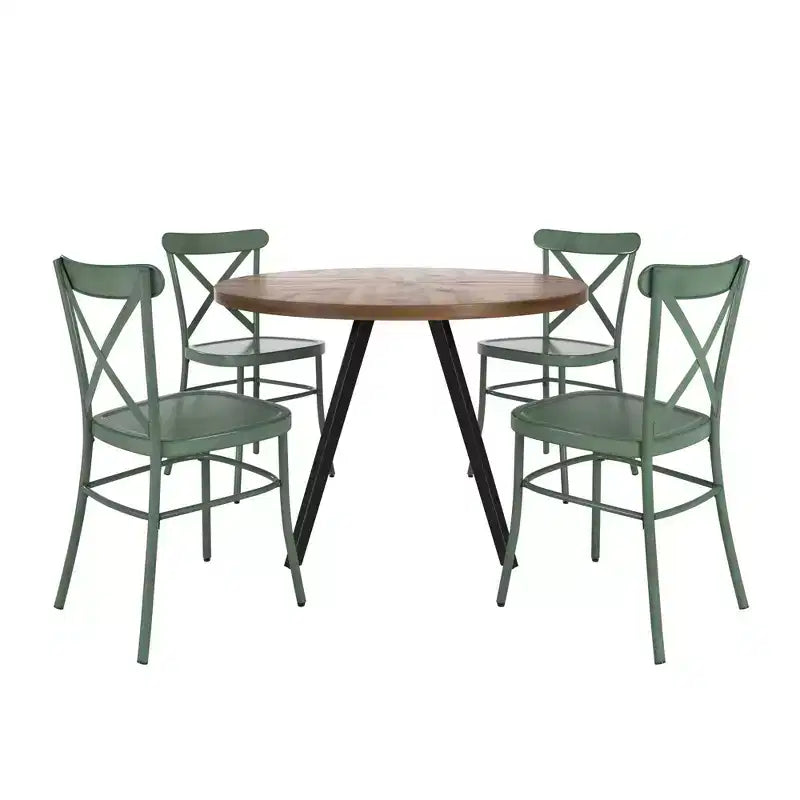 Table de salle à manger ronde Jolana avec plateau en chêne et pieds noirs et ensemble de chaises en métal à dossier en X - iNSPIRE Q