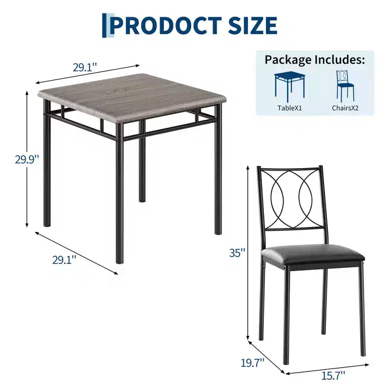 Ensemble table de salle à manger 3 pièces de style campagnard pour 2 personnes, table de cuisine en bois avec chaises rembourrées, peu encombrant pour petit appartement