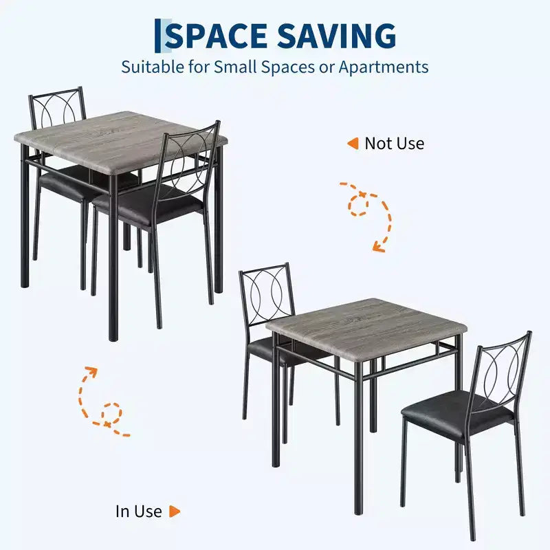 Ensemble table de salle à manger 3 pièces de style campagnard pour 2 personnes, table de cuisine en bois avec chaises rembourrées, peu encombrant pour petit appartement