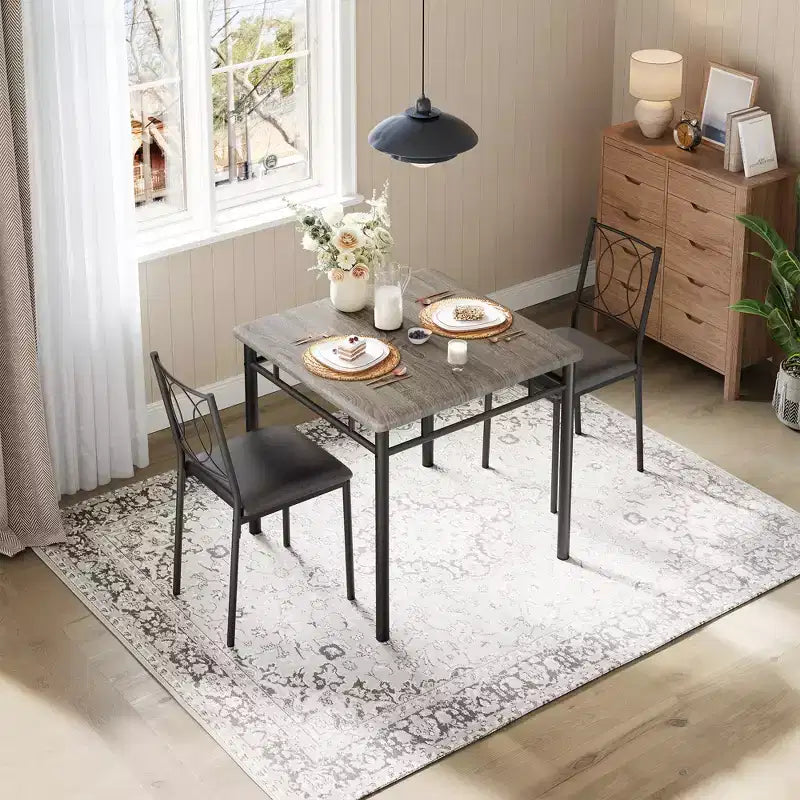 Ensemble table de salle à manger 3 pièces de style campagnard pour 2 personnes, table de cuisine en bois avec chaises rembourrées, peu encombrant pour petit appartement