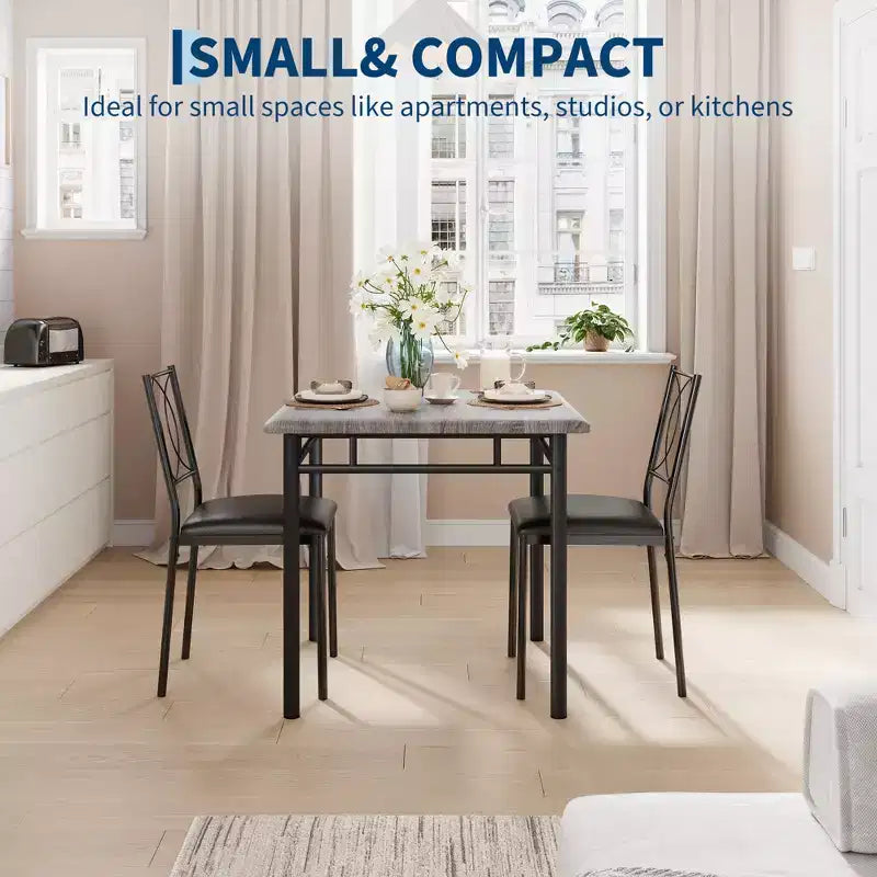 Ensemble table de salle à manger 3 pièces de style campagnard pour 2 personnes, table de cuisine en bois avec chaises rembourrées, peu encombrant pour petit appartement