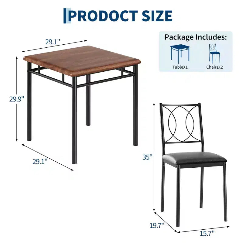 Ensemble table de salle à manger 3 pièces de style campagnard pour 2 personnes, table de cuisine en bois avec chaises rembourrées, peu encombrant pour petit appartement