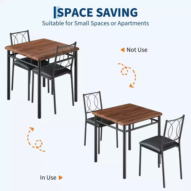 Ensemble table de salle à manger 3 pièces de style campagnard pour 2 personnes, table de cuisine en bois avec chaises rembourrées, peu encombrant pour petit appartement