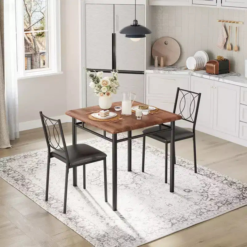 Ensemble table de salle à manger 3 pièces de style campagnard pour 2 personnes, table de cuisine en bois avec chaises rembourrées, peu encombrant pour petit appartement