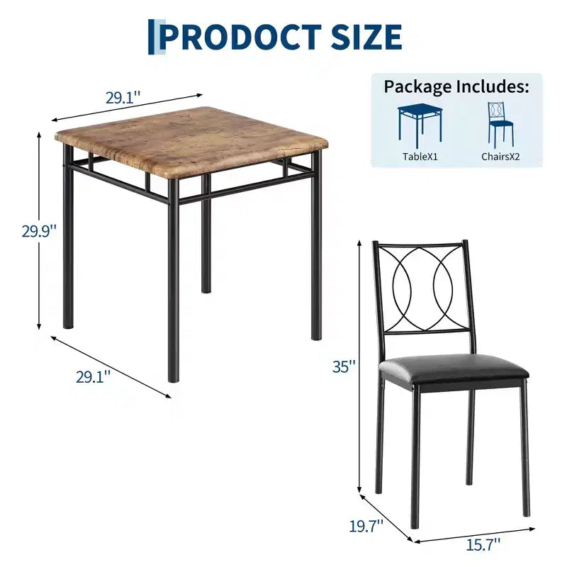 Ensemble table de salle à manger 3 pièces de style campagnard pour 2 personnes, table de cuisine en bois avec chaises rembourrées, peu encombrant pour petit appartement