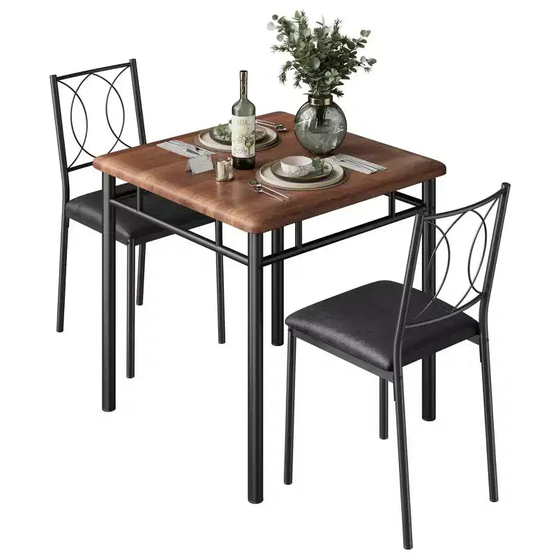 Ensemble table de salle à manger 3 pièces de style campagnard pour 2 personnes, table de cuisine en bois avec chaises rembourrées, peu encombrant pour petit appartement