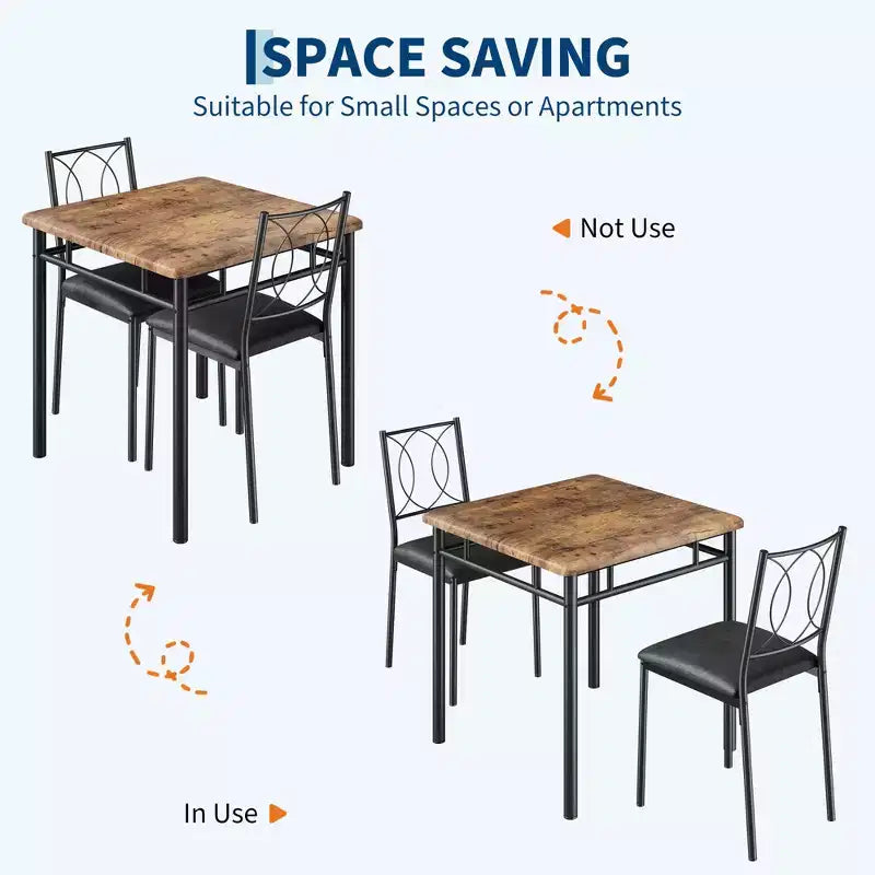 Ensemble table de salle à manger 3 pièces de style campagnard pour 2 personnes, table de cuisine en bois avec chaises rembourrées, peu encombrant pour petit appartement