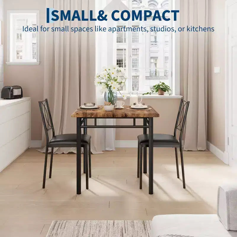 Ensemble table de salle à manger 3 pièces de style campagnard pour 2 personnes, table de cuisine en bois avec chaises rembourrées, peu encombrant pour petit appartement